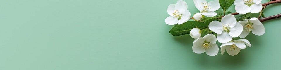 Fototapeta premium A white flower with green leaves is on a green background. The flower is the main focus of the image, and the green background adds a sense of freshness and natural beauty