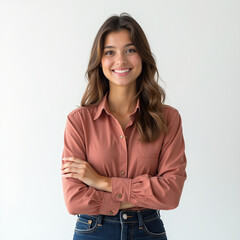 Smiling woman with crossed arm on white background