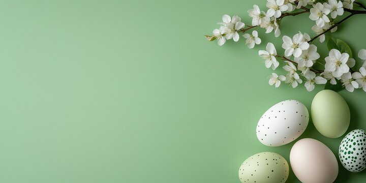 A green background with a white flower and four eggs on it. The eggs are painted with different colors and patterns - Powered by Adobe