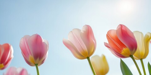 Fototapeta premium A row of flowers with pink and yellow petals are in the sun. The flowers are in a field and the sky is blue