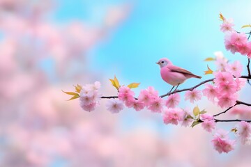 A pink bird is perched on a pink tree branch. The image has a serene and peaceful mood