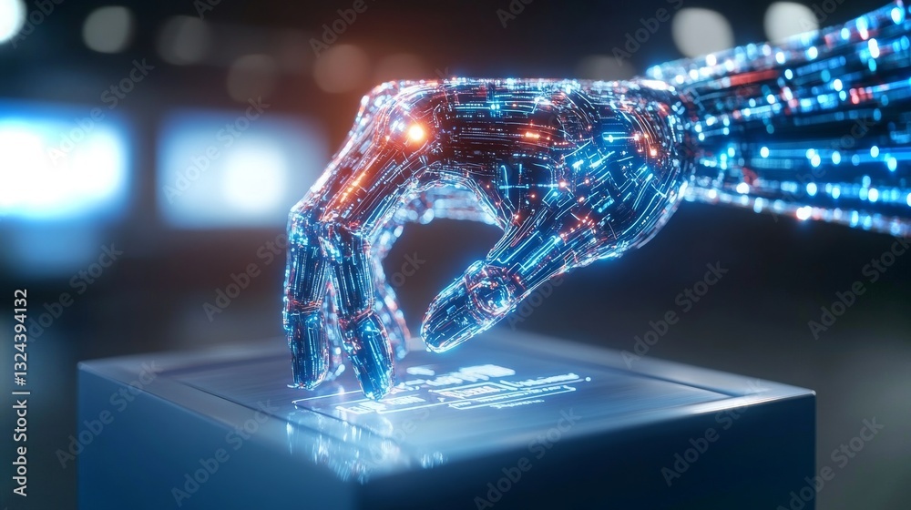 Poster ai hand engaging with a digital interface in a high-tech setting