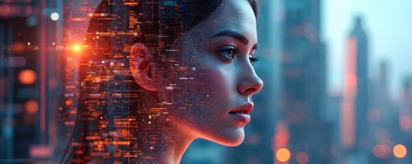 Side view of woman face with futuristic cityscape dissolving into skin. Digital artwork combines female portrait and sci-fi elements, suggesting tech, AI, cyberspace, virtual reality themes.
