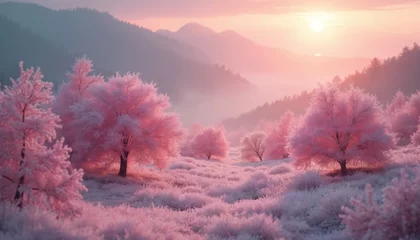 Selbstklebende Fototapeten Romantic pink landscape with trees in a snowy valley at sunset. Valentine background. Winter forest, mountain woodland with frosty trees, meadow. Pink nature scene with mountains and sun. © miss irine