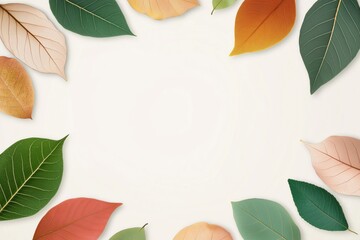 Fototapeta premium A white background with a frame of leaves in various colors. The leaves are arranged in a circle, with some overlapping and others standing alone