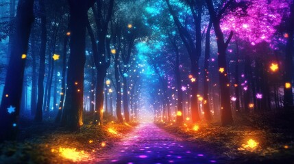 Abstract landscape. Colorful art fantasy landscape with a forest and glowing lights. Background illustration. Digital art image.