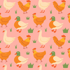 Seamless farm pattern with hens, geese, ducks