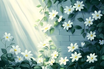 The vines and flowers on the old wall bathed in sunlight