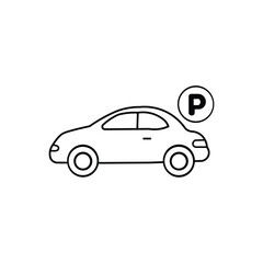 Car parking ,Parking Zone Icon Vector: Minimalist Car and 'P' Sign Line Illustration in Black and White