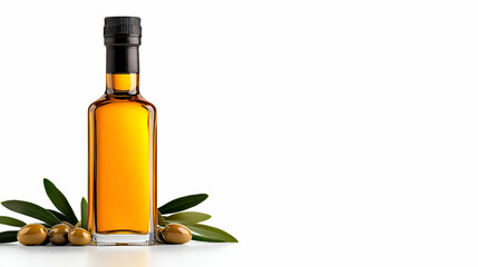 Glass bottle of olive oil with fresh olives and green leaves on a white background showcasing healthy cooking ingredients and Mediterranean cuisine