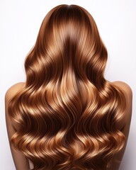 Fototapeta premium Back View of Woman with Glossy Wavy Auburn Hair, Healthy Hair Texture and Salon Hairstyle on White Background for Haircare Concepts