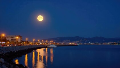 Obraz premium Full moon shines bright over algeciras harbor at dusk, full moon, brightness, algeciras seaport