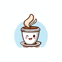 Coffee , Smiling Coffee Cup Vector: Adorable Cartoon-Style Cup with Heart-Shaped Steam