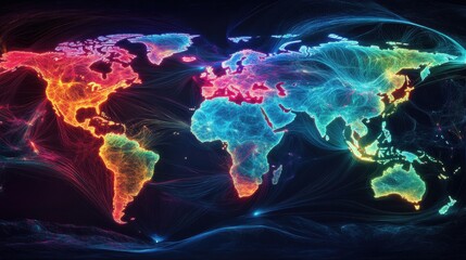 High-tech world map displaying trade routes in vivid neon colors, representing economic connections and global transportation hubs.