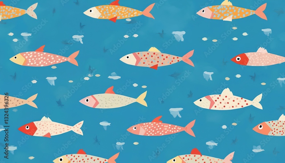 Poster repeating pattern of geometric fish on blue background. colorful design with stylized fish swimming 