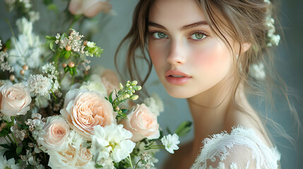 Obraz premium Young woman with natural beauty and soft features poses gracefully with a bouquet of pastel flowers against a blurred background in an elegant setting