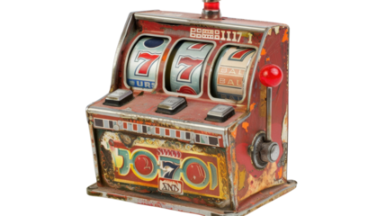 Old rusty slot machine showing triple seven jackpot on transparent background