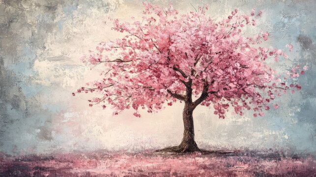 A cherry blossom tree depicted in oil painting style, with rich textures and soft hues, capturing the serene beauty of spring.