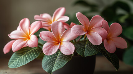 Fototapeta premium AI generator image of Plumeria is a perennial flowering plant in the Pantip family or the Frangipani family. (Apocynaceae) It is the national flower of Laos. 