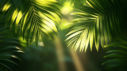 Obraz premium Lush Green Tropical Leaves with Sunlight Filtering Through, Creating a Natural and Serene Atmosphere in a Forest Setting