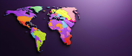 A 3D Rendered Colorful World Map On A Purple Background With Extruded Continents In Vibrant Rainbow Hues