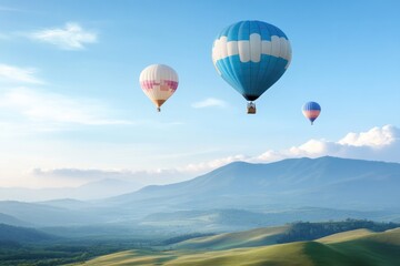 Obraz premium whimsical landscape featuring colorful hot air balloons drifting serenely over rolling hills beneath clear blue sky