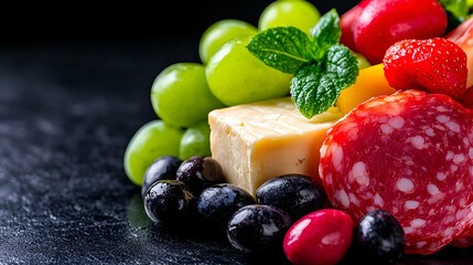 Colorful Assortment of Fresh Fruits, Cheeses, and Cured Meats on a Black Background for Culinary Inspiration and Gourmet Delights