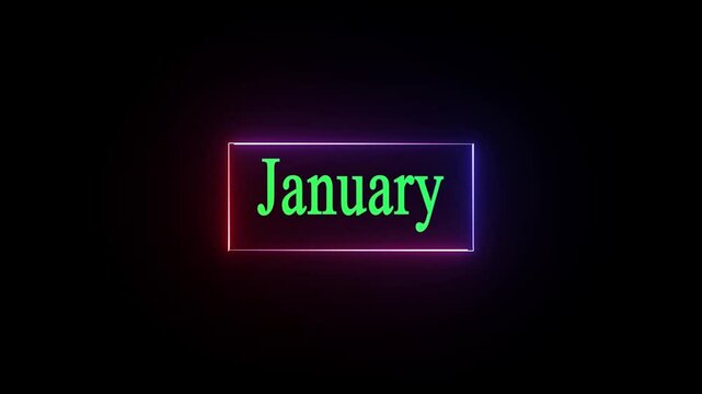 January text icon animation with neon glowing rectangle frame. Green color text on black background.