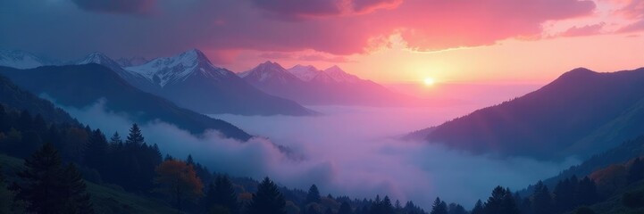 Fototapeta premium Galactic light shines through misty mountain fog, landscape, galaxy