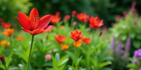 Lycoris radiata in a garden with other plants, Blooming, Garden, Foliage
