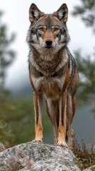 Obraz premium Stately reddish-brown wolf stands atop a rocky outcrop in a forest setting