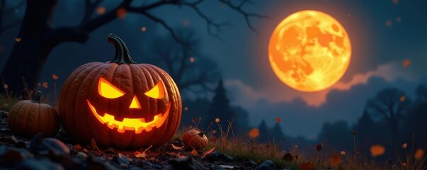 Full moon casts an orange glow on a jack-o-lantern, moon, pumpkins