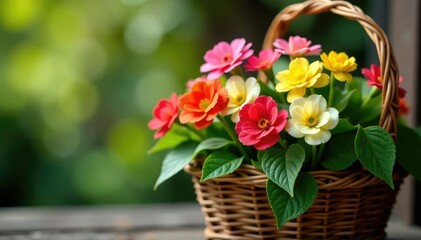 Obraz premium Colorful pea flowers blooming in a woven basket, Botanical, Foliage
