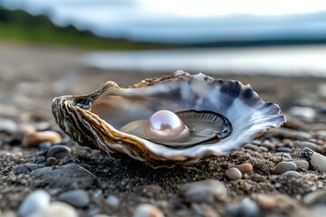 Open oyster shell with shiny pearl on beach pebbles, natural light creates soft focus effect on luxury marine treasure against blurred coastline background.