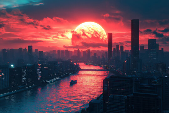 Retro background landscape 1980s style. Retro 80s sci-fi background city landscape. Futuristic background retro wave. Retro futuristic synth wave retro wave 80s styled night cityscape with big sunset