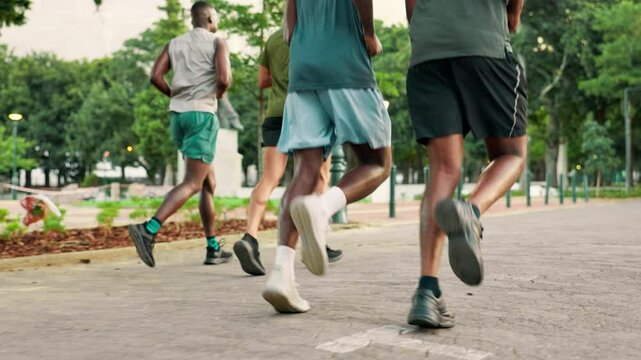 Group, legs and running for cardio, fitness and wellness in park for urban marathon club. Friends, people and sneakers for health, workout and exercise or endurance training with personal trainer