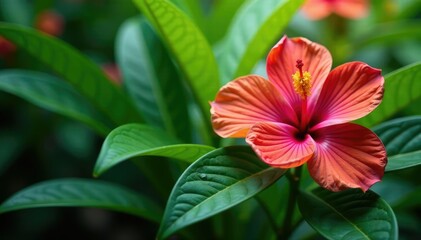Colorful tropical flower shrub with blooming flowers and green leaves, blossom, nature, tropical