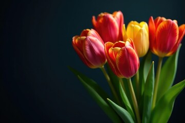 Fototapeta premium Colorful tulips in a loose, organic bouquet against dark, flower arrangement, tulips