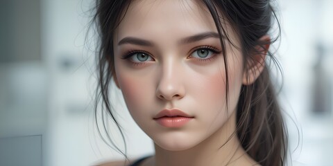 The image is a close-up portrait of a young woman's face. She has long, dark hair that is styled in loose waves and falls over her shoulders. Her eyes are a piercing blue color and her eyebrows are pe