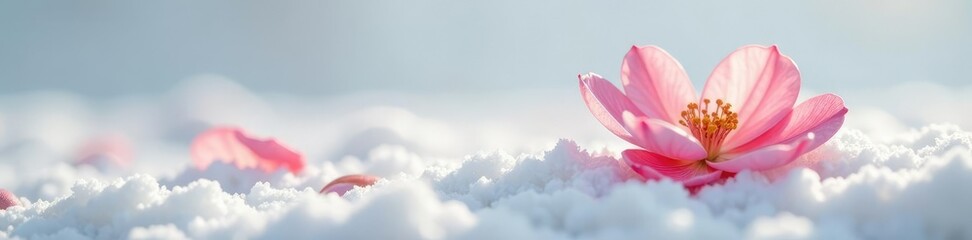 Fototapeta premium Delicate flower petals unfurl on a snowy white surface, delicate, plant, isolated