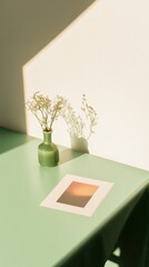 Green vase with flowers and a print on a minimalist table illuminated by sunlight in a cozy indoor setting