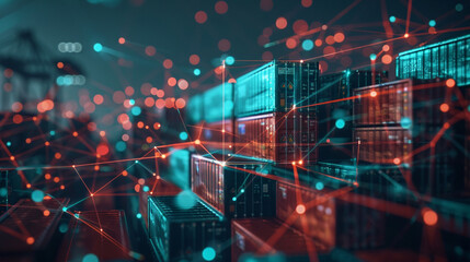 Futuristic digital visualization of global trade and logistic with interconnected shipping containers.