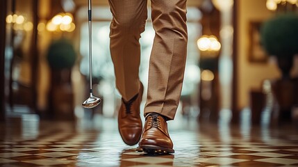 Elegant golfer walking confidently with a club in a luxurious indoor golf setting