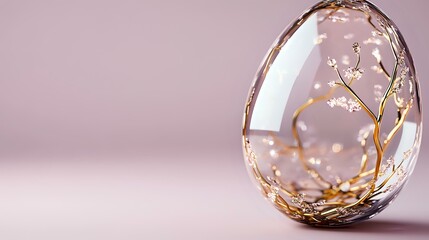 Elegant glass egg with delicate golden branches and white blossoms inside, set against soft pink background. Decorative collectible art piece for luxury design.