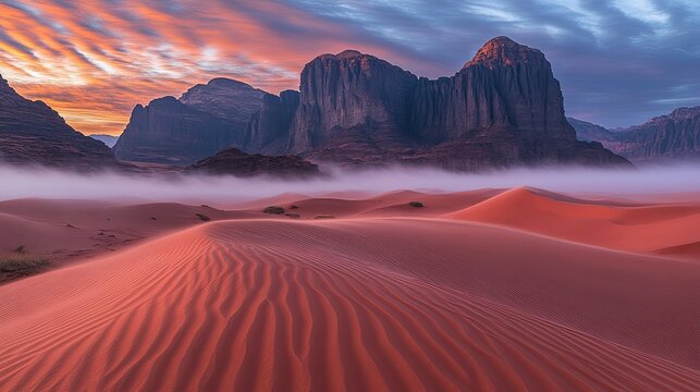 In the calmness of a misty morning, the expansive desert with its undulating sand dunes and rugged mountain ranges comes alive under the soft glow of sunrise - Powered by Adobe