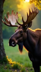 Fototapeta premium Majestic moose with fur glistens in the sunlight, moose, branch, tree