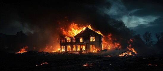 Smoke billows from a burning house, threatening nearby structures. 