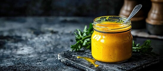 Showcasing the essence of homemade flavors with honey mustard dressing in a jar.