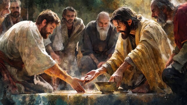 Jesus Washing Disciples' Feet - Digital Watercolor Painting of Maundy Thursday Scene from New Testament, Spiritual Christian Artwork, AI Generated 4K Wallpaper