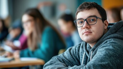 Fototapeta premium Down-syndrome man attending education class in community center, inclusivity of disabled person.